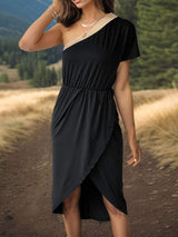 Slit Single Shoulder Short Sleeve Midi Dress - Trendsi - Flyclothing LLC