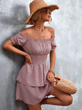 Ruffled Swiss Dot Off-Shoulder Dress - Trendsi