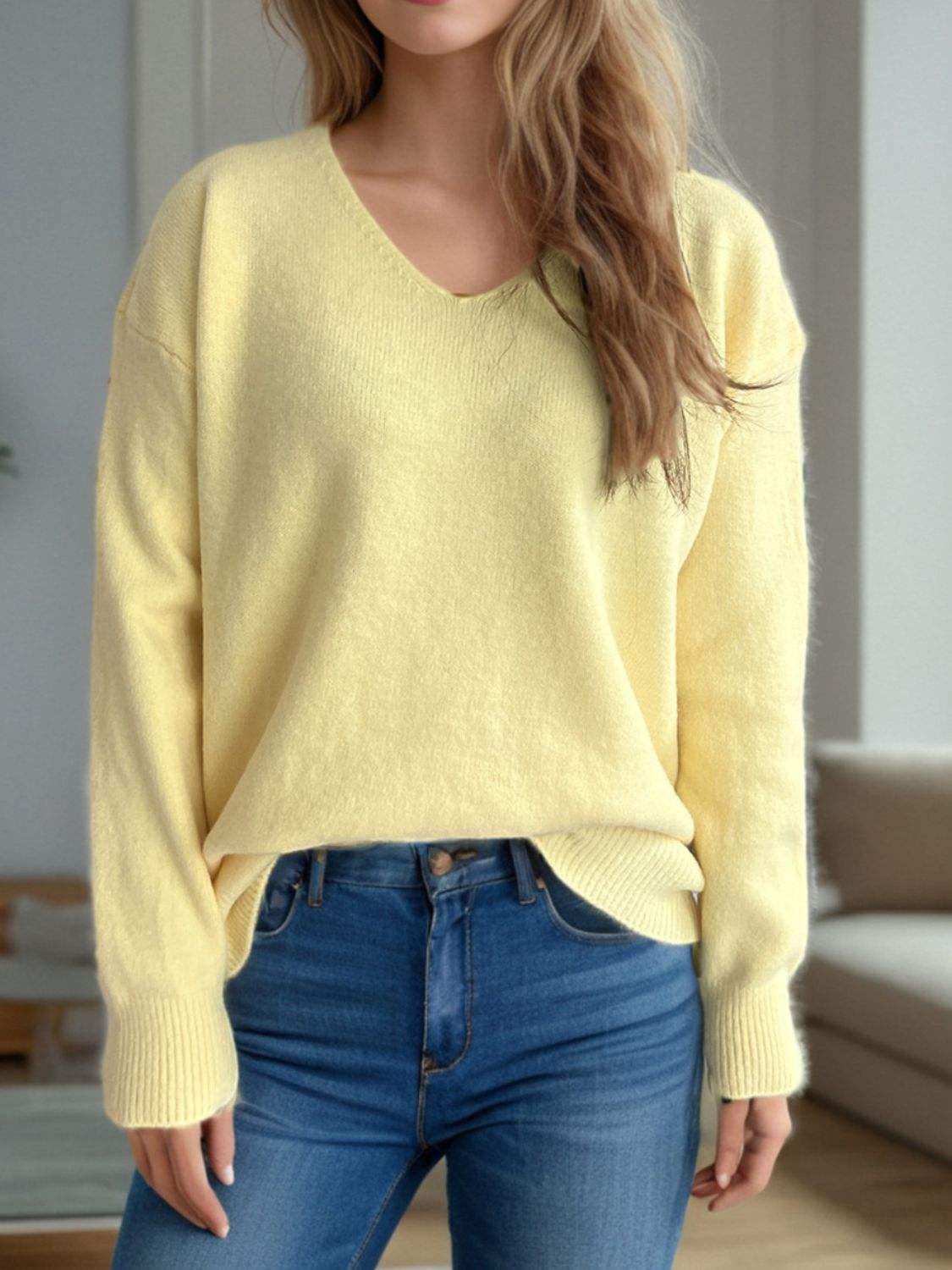 V-Neck Dropped Shoulder Long Sleeve Sweater - Trendsi - Flyclothing LLC
