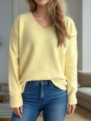 V-Neck Dropped Shoulder Long Sleeve Sweater - Trendsi