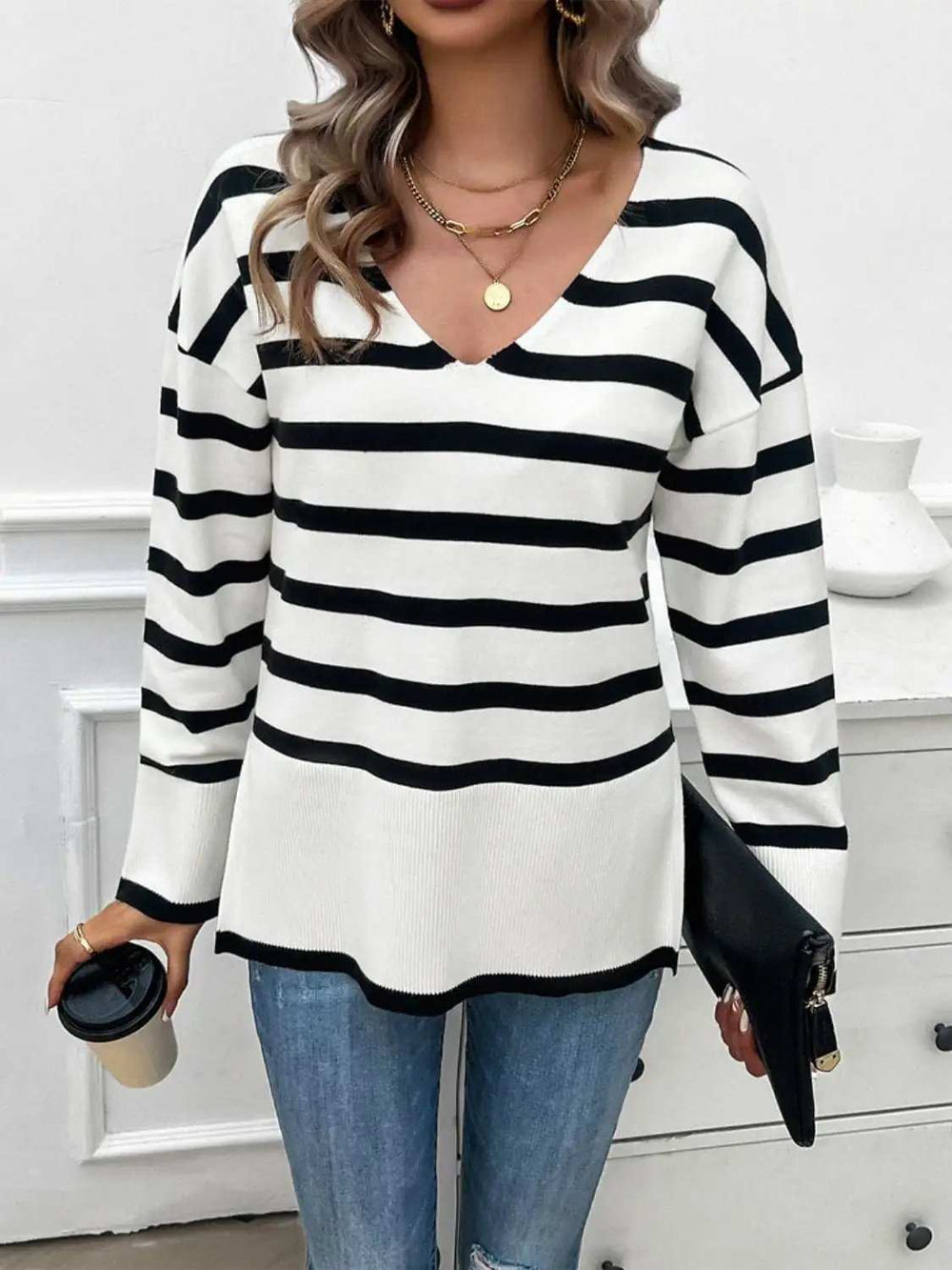 Striped V-Neck Long Sleeve Knit Top - Trendsi - Flyclothing LLC