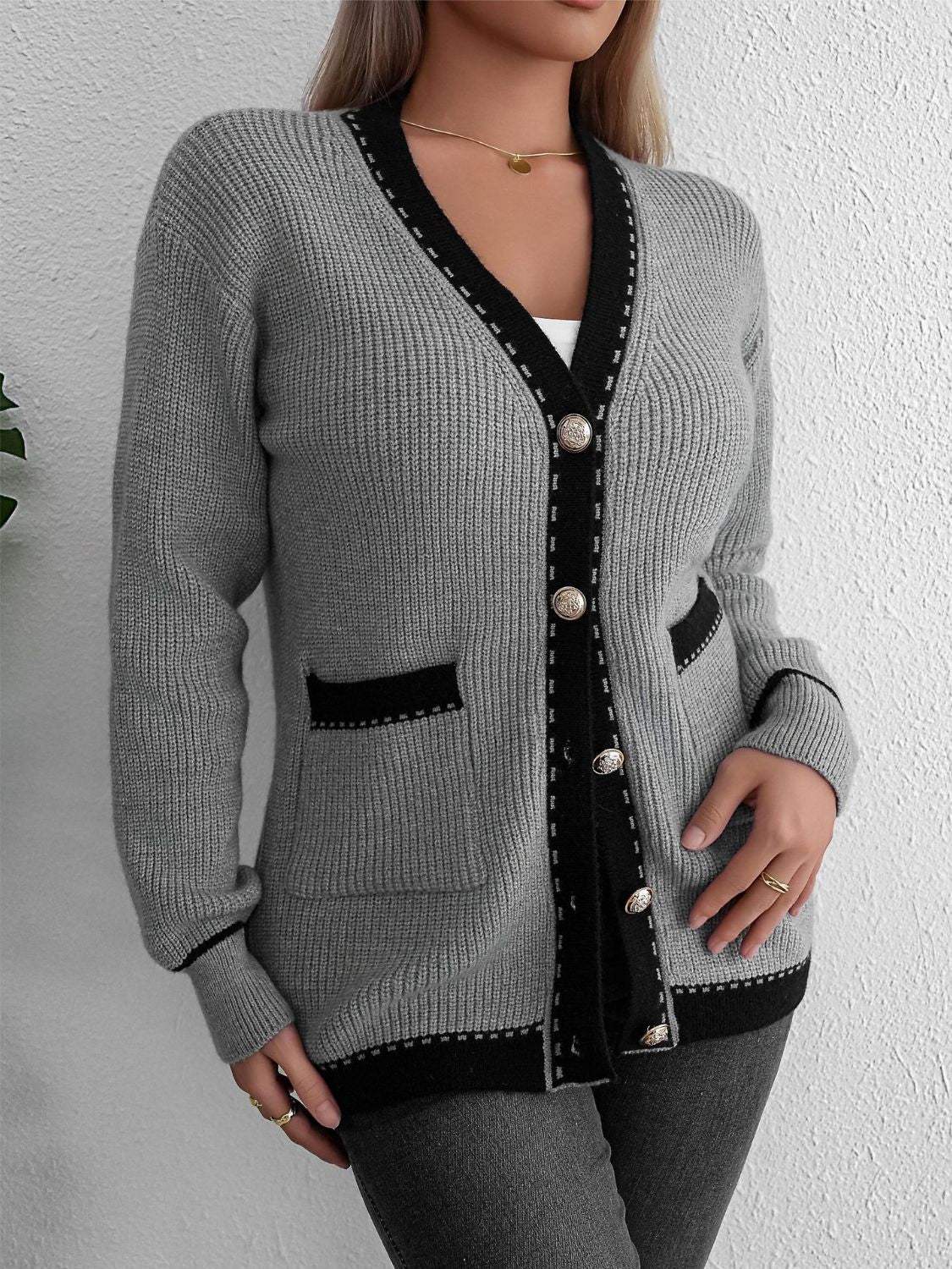 Contrast Trim Button Up Long Sleeve Cardigan - Trendsi - Flyclothing LLC
