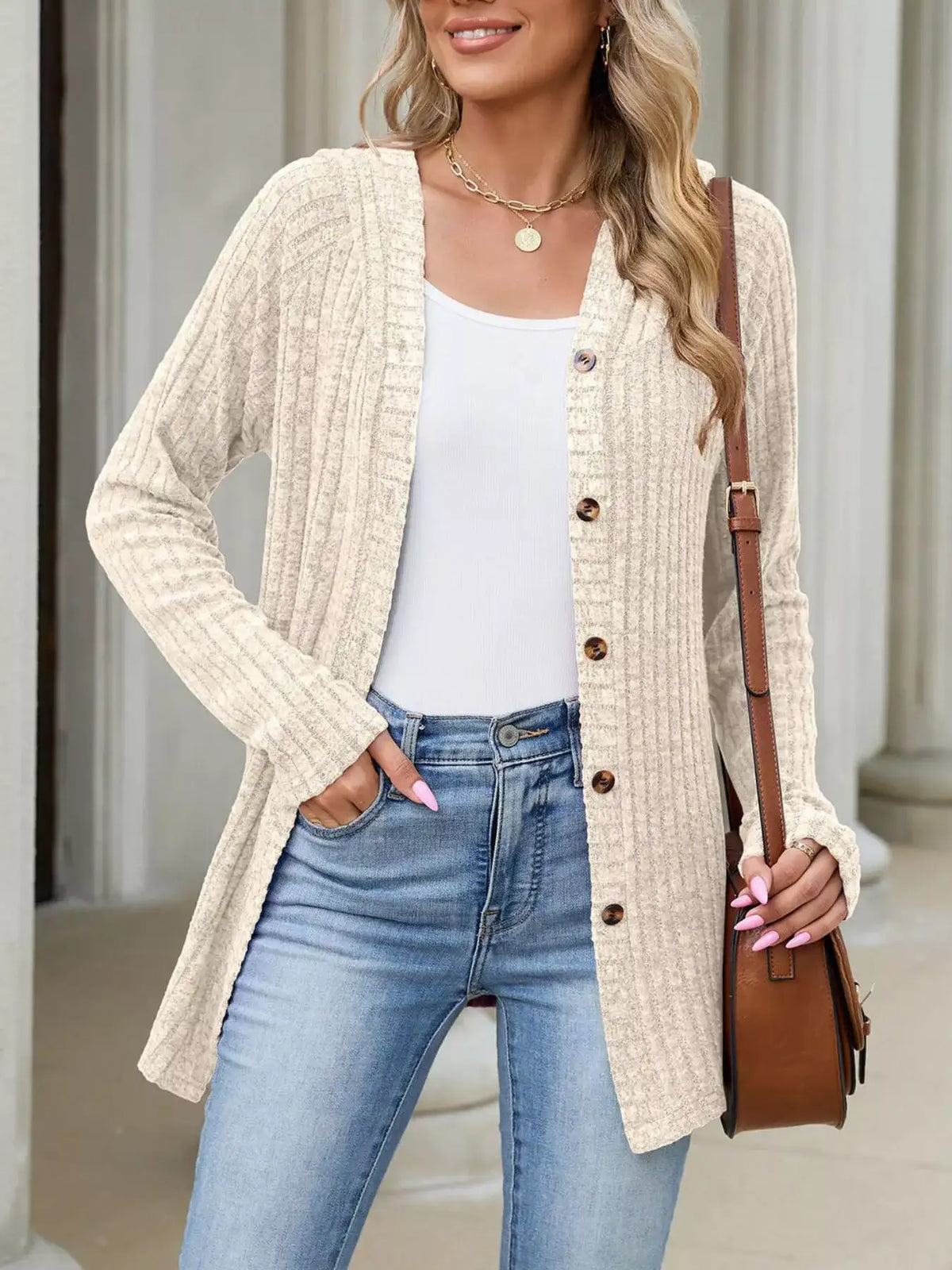 Ribbed Knit Hooded Button-Down Cardigan - Trendsi - Flyclothing LLC