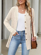 Ribbed Knit Hooded Button-Down Cardigan - Trendsi - Flyclothing LLC