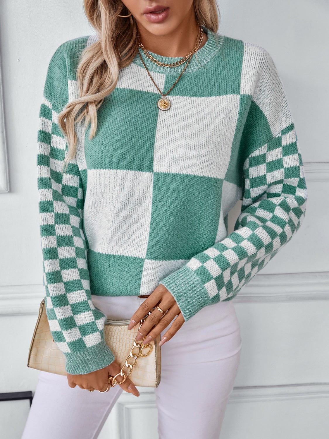 Color Block Round Neck Long Sleeve Sweater - Trendsi