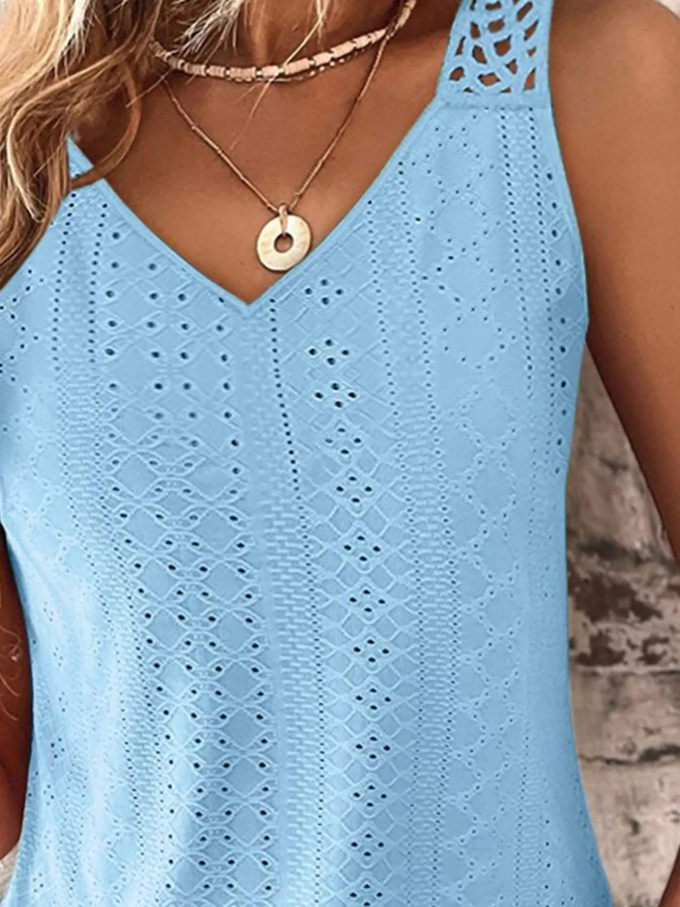 Eyelet Lace Trim V-Neck Tank Top - Trendsi - Flyclothing LLC