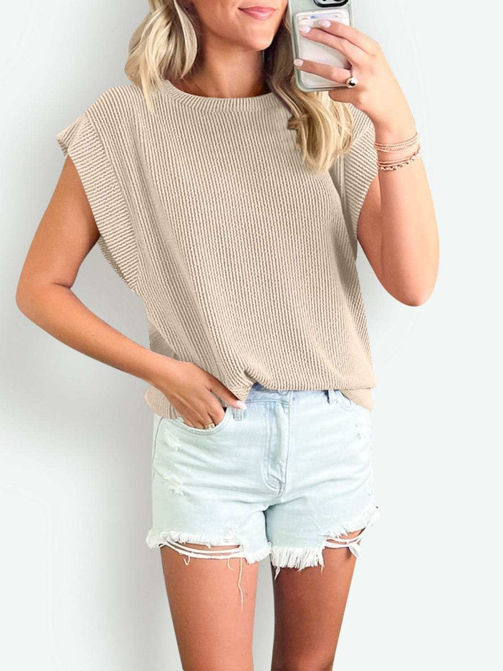 Textured Round Neck Cap Sleeve Blouse - Trendsi - Flyclothing LLC