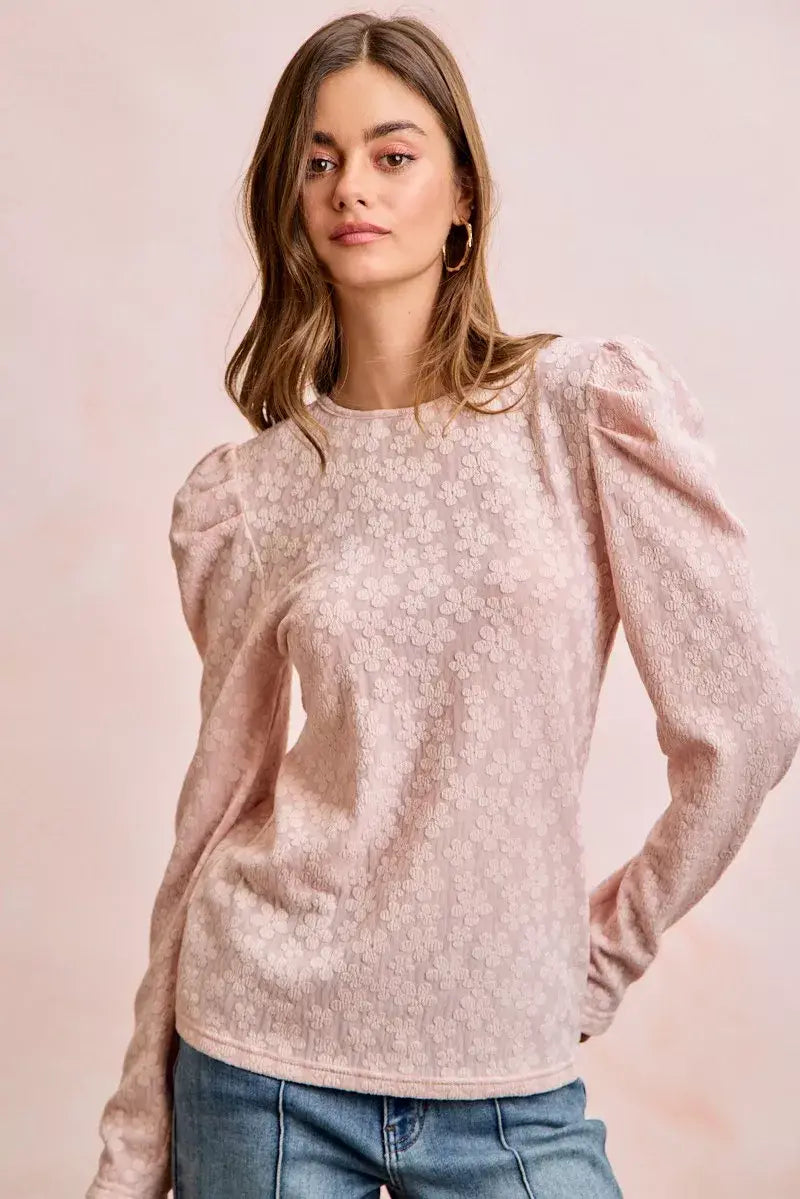 BiBi Textured Flower Knit Puff Shoulder Top - Trendsi - Flyclothing LLC