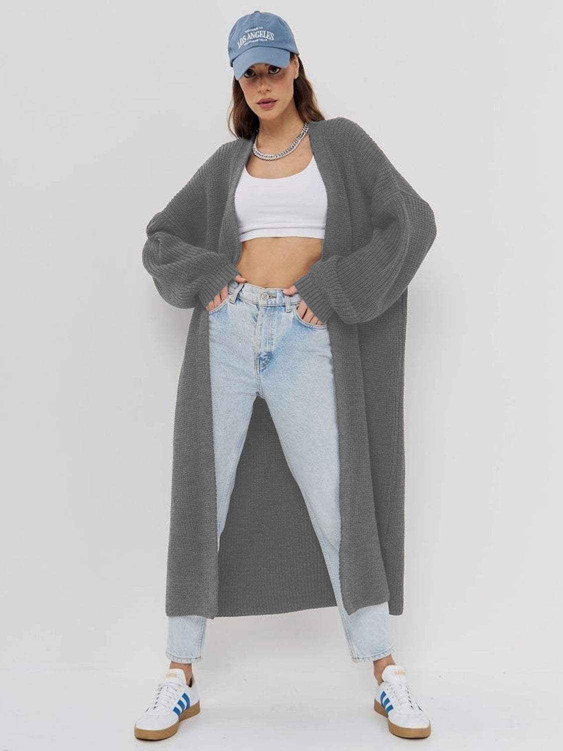 Open Front Long Sleeve Longline Cardigan - Trendsi - Flyclothing LLC