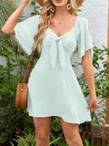Smocked Back Knotted Flutter Sleeve Dress - Trendsi - Flyclothing LLC
