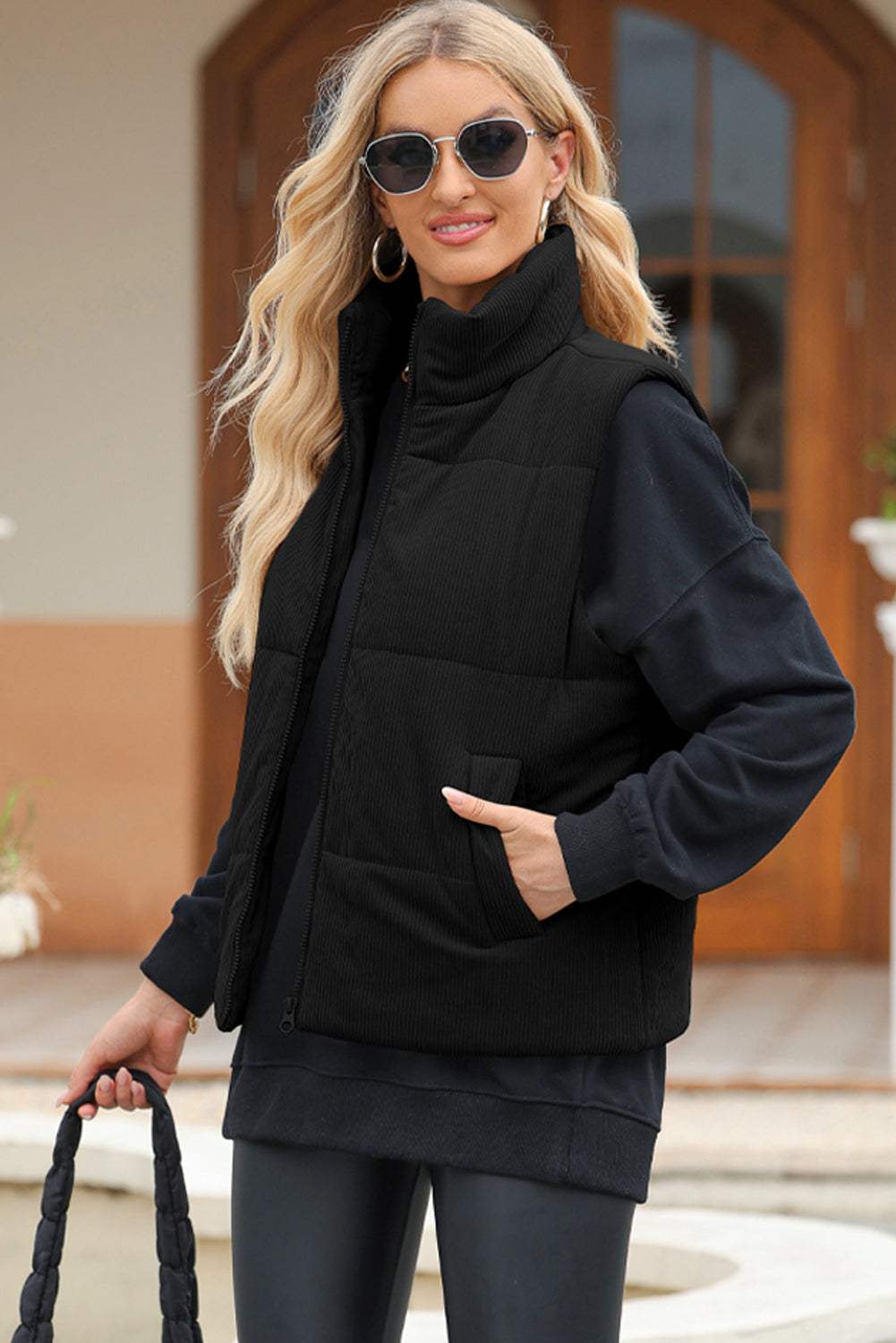 Pocketed Zip Up Turtleneck Vest Coat - Trendsi - Flyclothing LLC
