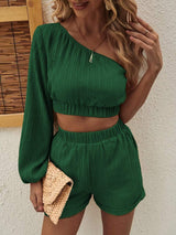 One Shoulder Long Sleeve Top and Shorts Set - Trendsi - Flyclothing LLC