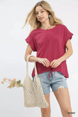Umgee Linen Scalloped Round Neck Top - Trendsi - Flyclothing LLC