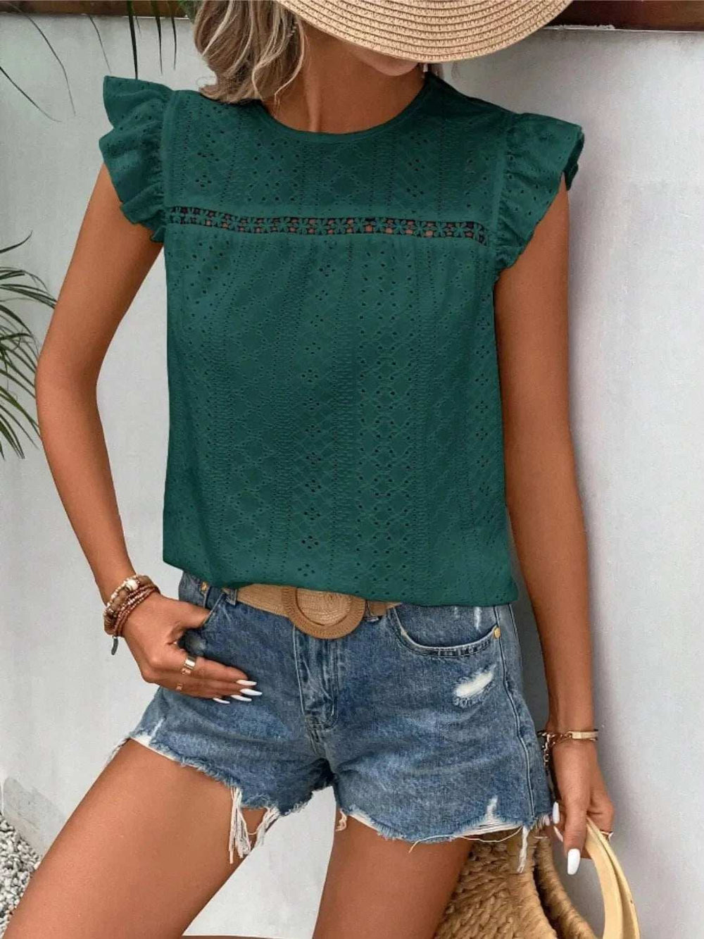 Eyelet Round Neck Cap Sleeve Top - Trendsi - Flyclothing LLC