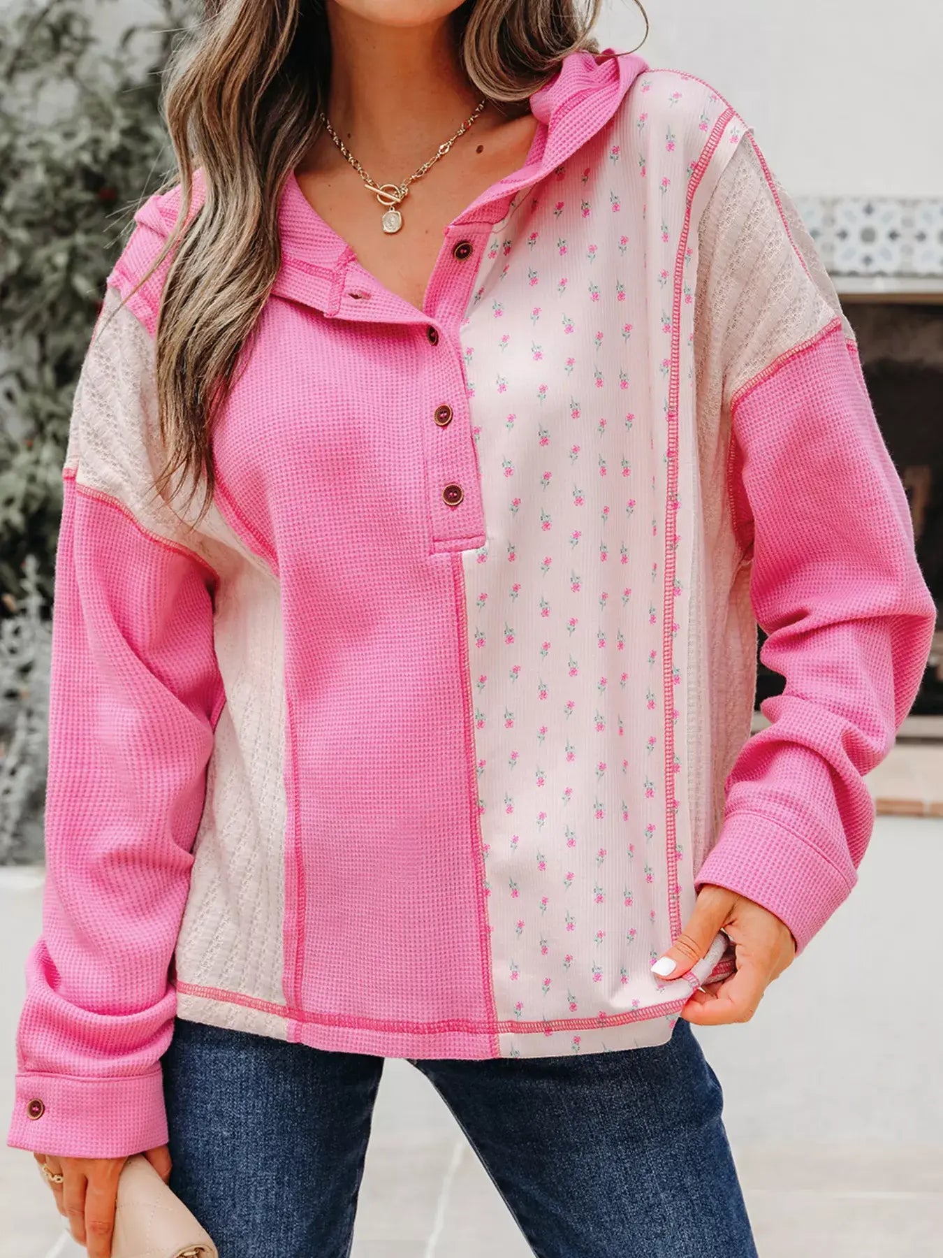 Mixed Texture Waffle Floral Patchwork Hooded Oversize Pullover - Trendsi - Flyclothing LLC