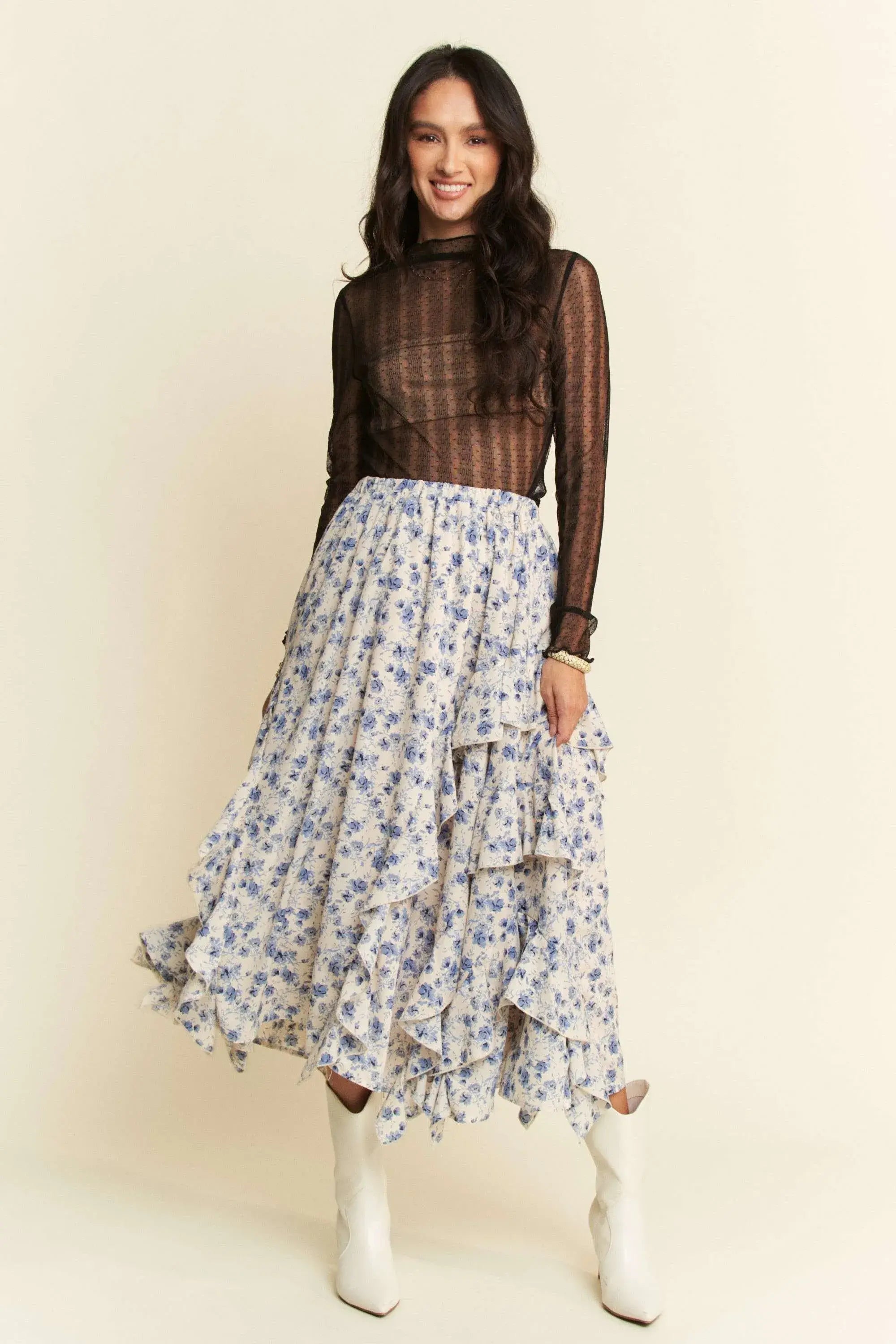 Davi & Dani Turtle Neck Lace Dotted Stretch Mesh Sheer Top - Trendsi - Flyclothing LLC