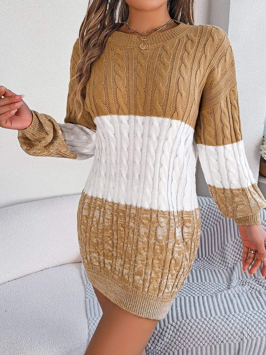 Cable-Knit Round Neck Color Block Sweater Dress - Trendsi - Flyclothing LLC