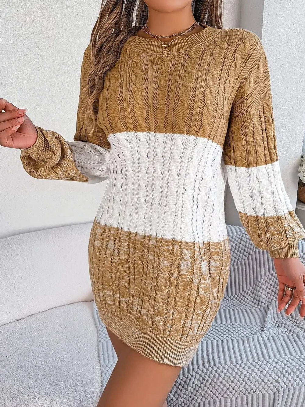 Cable-Knit Round Neck Color Block Sweater Dress - Trendsi - Flyclothing LLC
