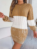 Cable-Knit Round Neck Color Block Sweater Dress - Trendsi - Flyclothing LLC