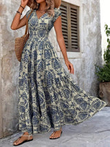 Printed Cap Sleeve Maxi Dress - Trendsi - Flyclothing LLC