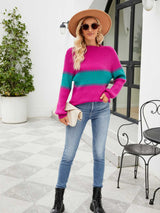 Contrast Round Neck Sweater - Trendsi - Flyclothing LLC