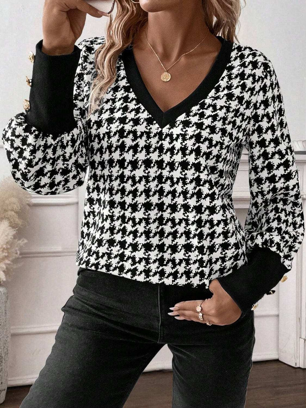 Houndstooth V-Neck Long Sleeve T-Shirt - Trendsi - Flyclothing LLC