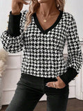Houndstooth V-Neck Long Sleeve T-Shirt - Trendsi - Flyclothing LLC