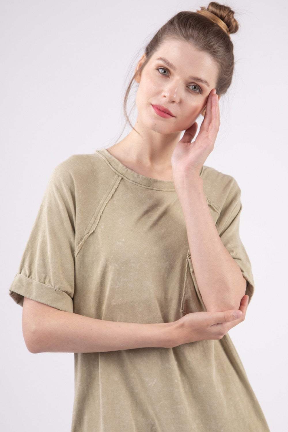 VERY J Washed Round Neck Mini Tee Dress - Trendsi - Flyclothing LLC