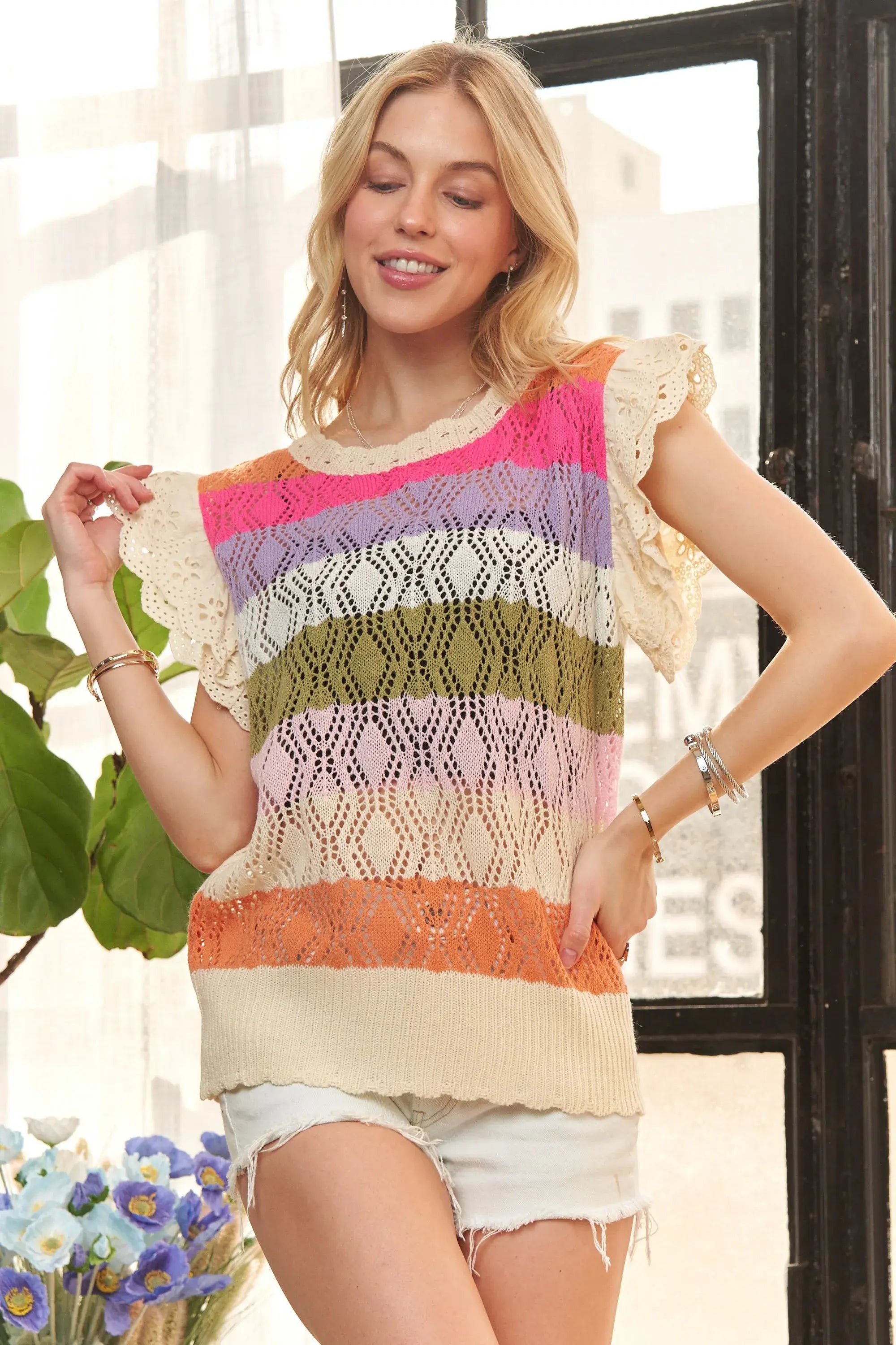 ADORA Eyelet Sleeve Multi Color Crochet Top - Trendsi - Flyclothing LLC