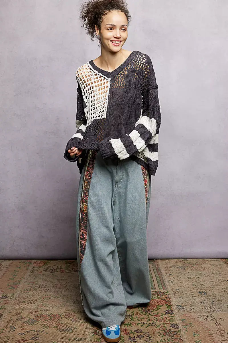 POL Color-Blocked Stripe Pattern Knit Top with Twisted Weave - Trendsi - Flyclothing LLC
