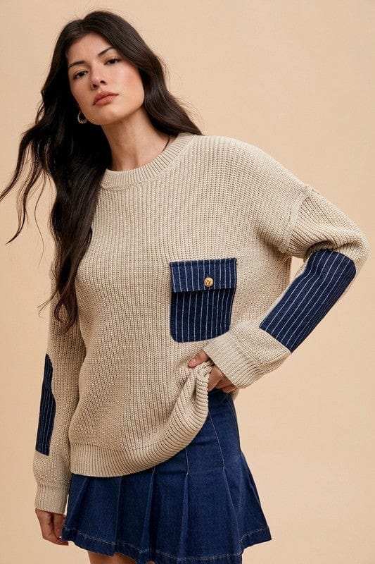 Annie Wear Contrast Round Neck Drop Shoulder Sweater with Patch Pocket - Trendsi - Flyclothing LLC