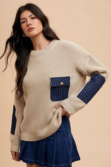 Annie Wear Contrast Round Neck Drop Shoulder Sweater with Patch Pocket - Trendsi