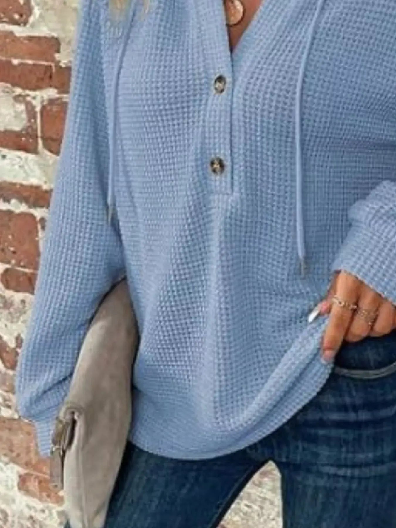 Waffle Knit Button Detail Hoodie - Trendsi - Flyclothing LLC