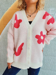 Flower Button Down V-Neck Long Sleeve Cardigan - Trendsi