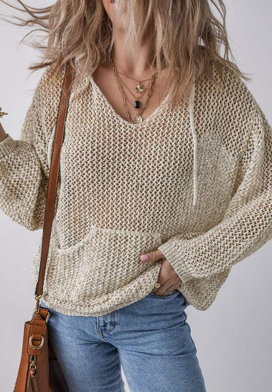 Openwork Dropped Shoulder Hooded Knit Top - Trendsi - Flyclothing LLC
