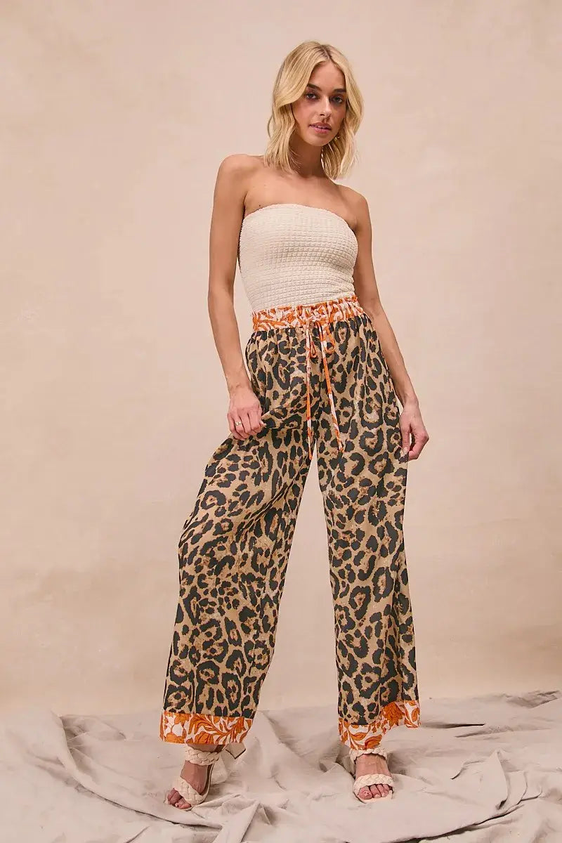 BiBi Leopard Print With Contrast Banded Wide Pants - Trendsi - Flyclothing LLC