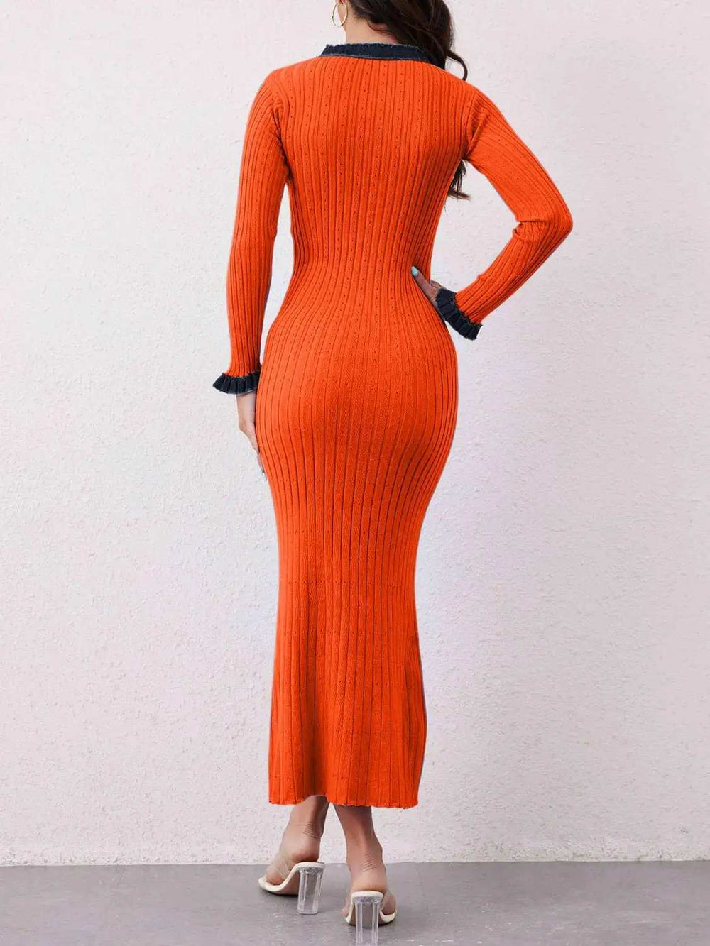 Contrast Trim Round Neck Long Sleeve Sweater Dress - Trendsi - Flyclothing LLC