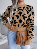 Leopard Round Neck Dropped Shoulder Sweater - Trendsi