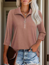 Half Zip Collared Neck Three-Quarter Sleeve T-Shirt - Trendsi - Flyclothing LLC