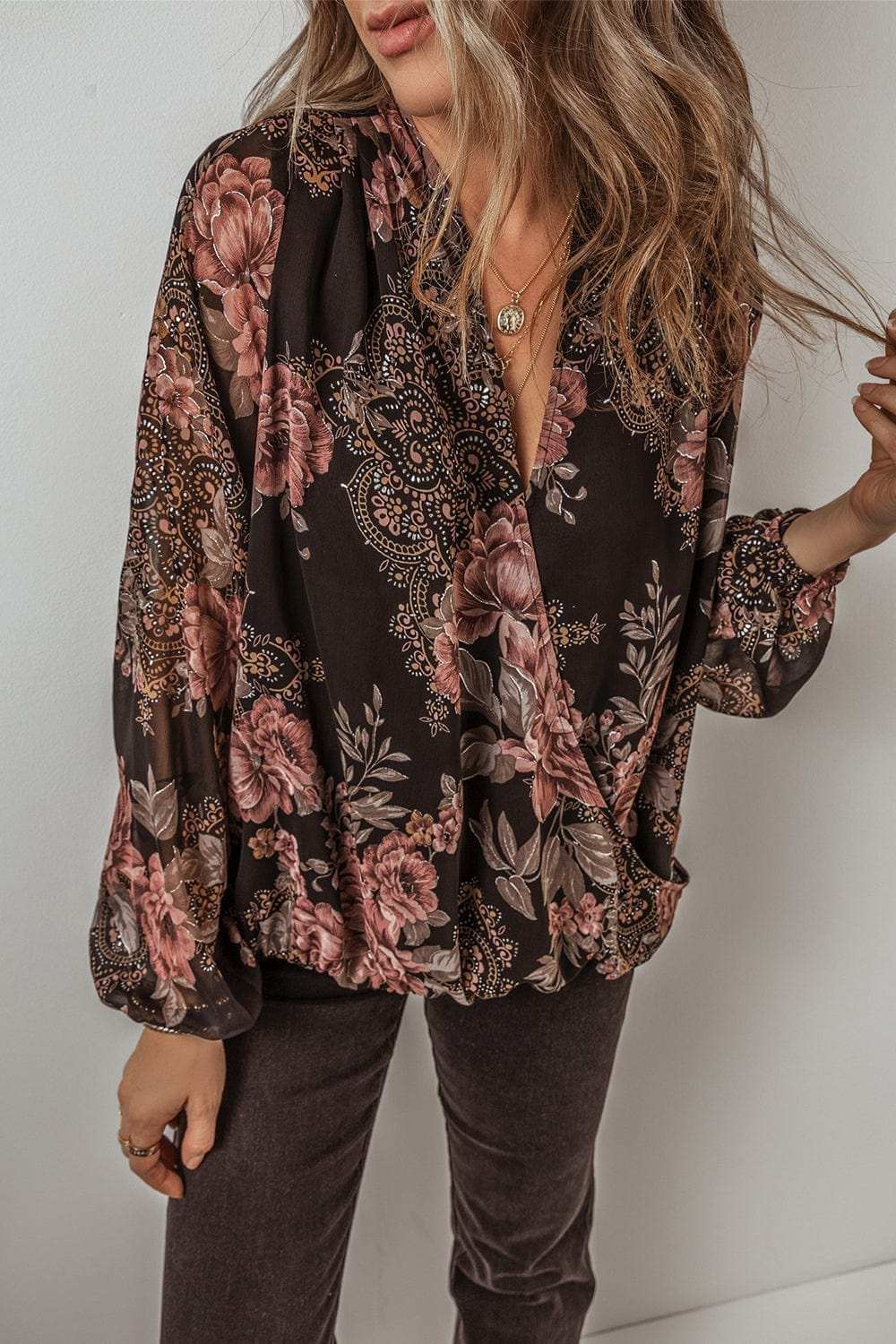 Printed Surplice Long Sleeve Blouse - Trendsi - Flyclothing LLC