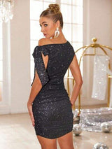 Glitter Tied One Shoulder Mini Dress - Trendsi - Flyclothing LLC