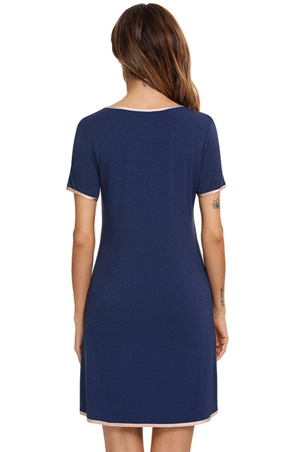 Contrast Trim Pocketed Round Neck Lounge Dress - Trendsi - Flyclothing LLC