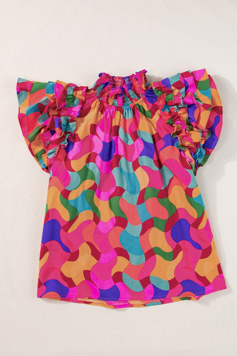 Ruffled Printed Mock Neck Cap Sleeve Blouse - Trendsi - Flyclothing LLC