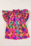 Ruffled Printed Mock Neck Cap Sleeve Blouse - Trendsi - Flyclothing LLC