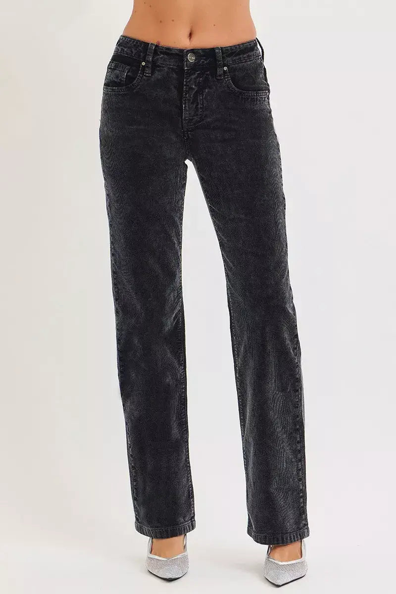 RISEN Tummy Control Mid Rise Straight Leg Corduroy Pants - Trendsi - Flyclothing LLC