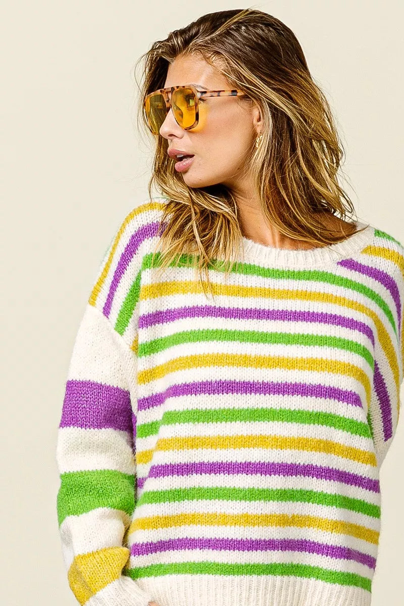 BiBi Mardi Gras Colors Stripe Comfy Sweater - Trendsi - Flyclothing LLC