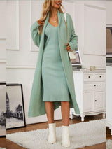 V-Neck Cami Dress and Open Front Cardigan Sweater Set - Trendsi - Flyclothing LLC