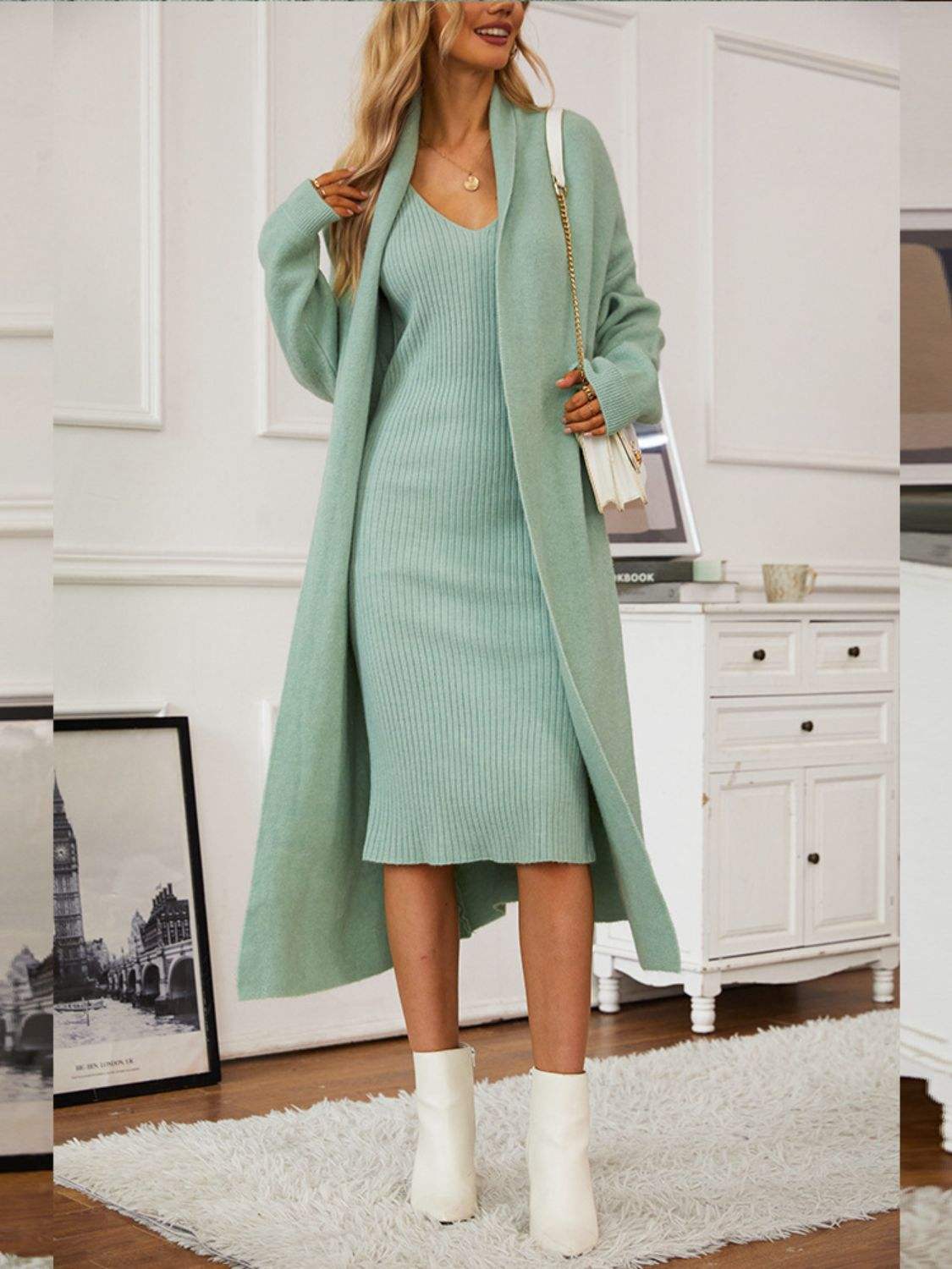 V-Neck Cami Dress and Open Front Cardigan Sweater Set - Trendsi - Flyclothing LLC