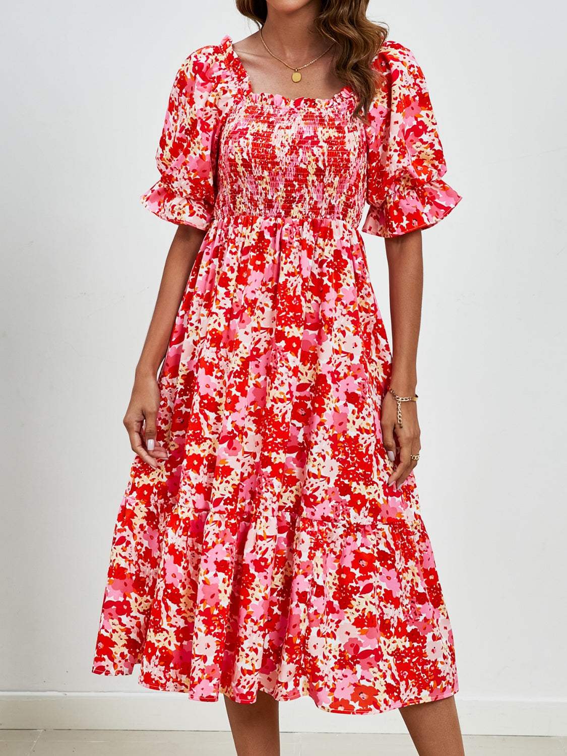 Smocked Floral Square Neck Short Sleeve Dress - Trendsi - Flyclothing LLC