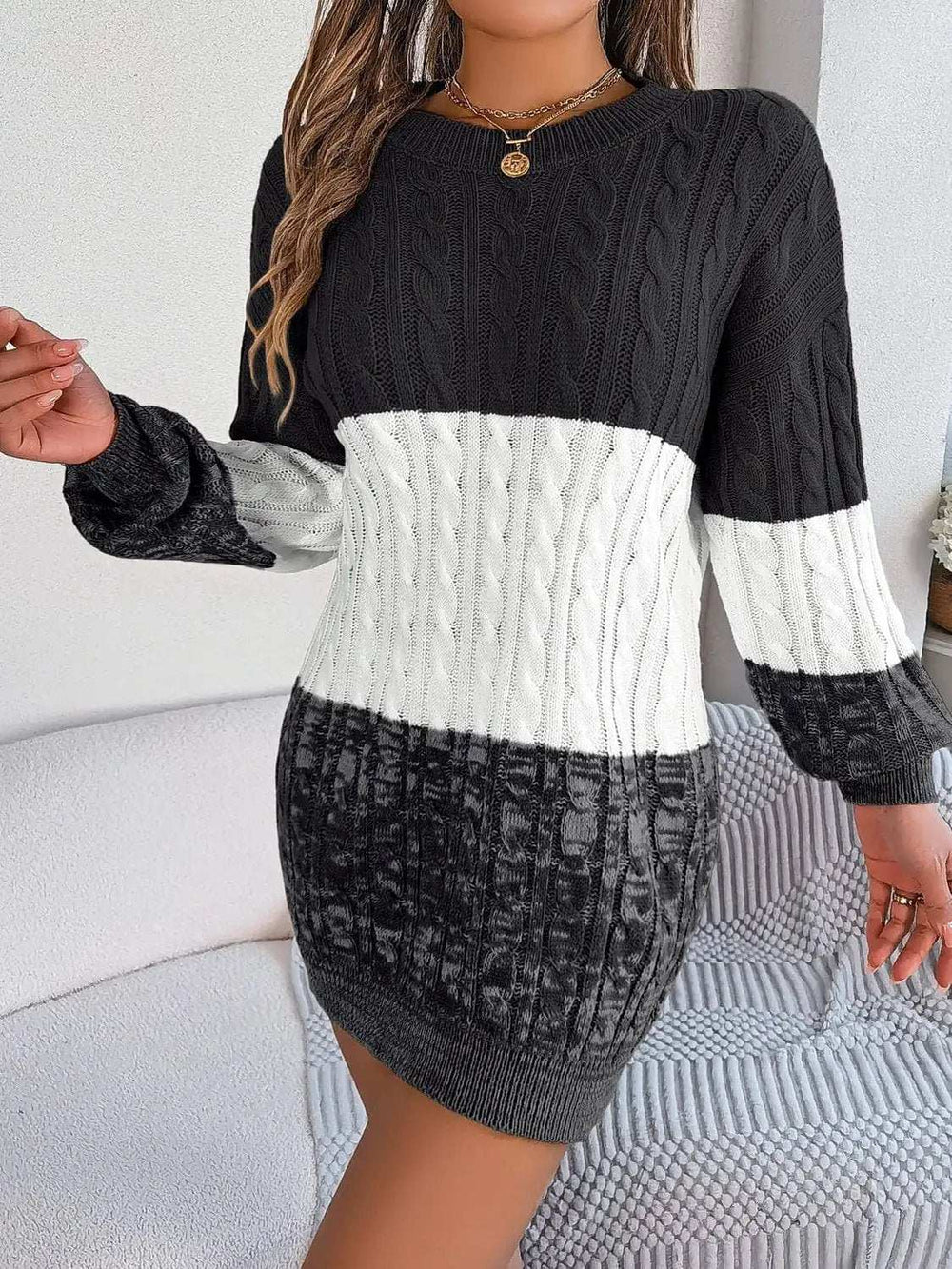 Cable-Knit Round Neck Color Block Sweater Dress - Trendsi - Flyclothing LLC